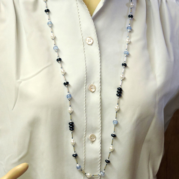 Hand Crafted Blue, White & Silver ... Long Necklace 38" - Picture 1 of 10